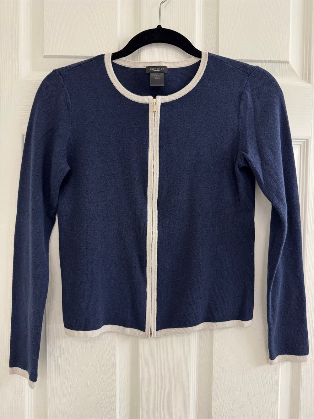 Ann Taylor Factory Blue Crewneck Zip Cardigan with Gray Trim - 100% cotton